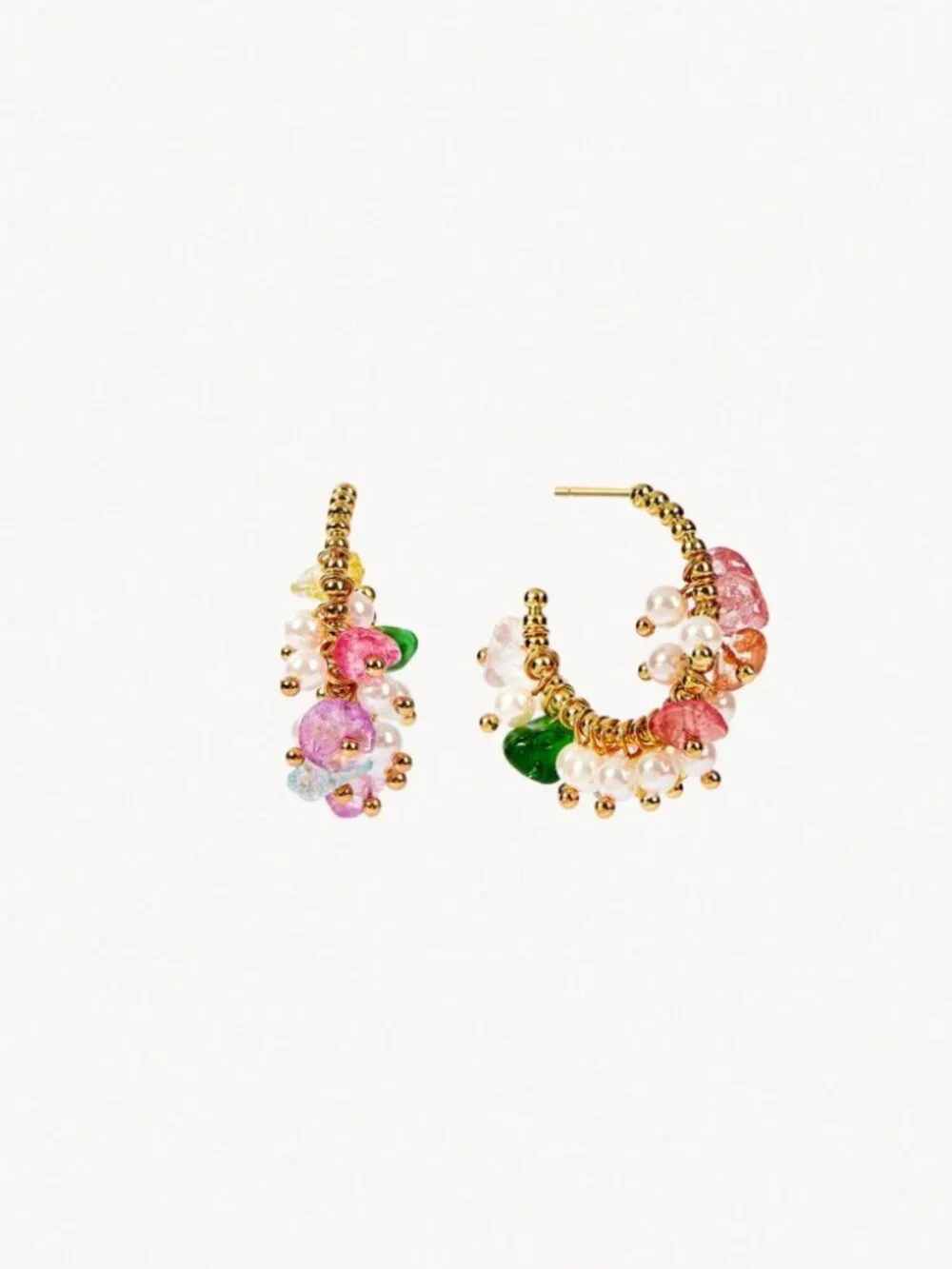 Gold Beaded Multicolor Stone & Pearl Cluster Hoop Earrings
